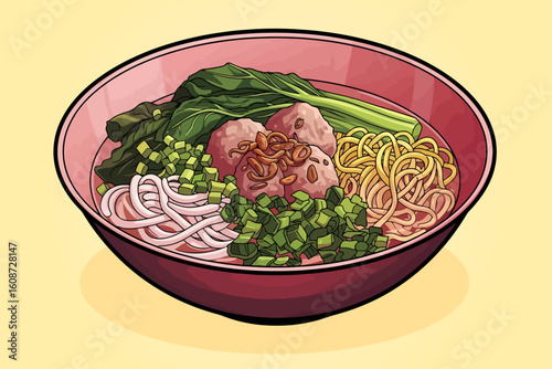 Indonesian Meatball Cuisine with Green Vegetable and Noodles