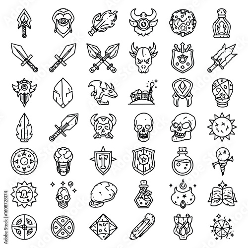 Hand-drawn fantasy game icons collection featuring weapons shields skulls and other magical items