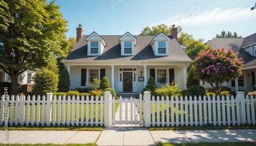 Classic American suburban house with picket fence, front yard, bright sunny day, family style