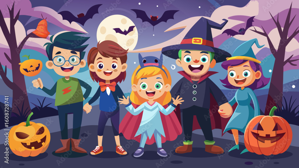 Group of children in halloween costumes standing with pumpkins and bats in the background at night time Group of children in halloween costumes standing with pumpkins and bats in the background at night time