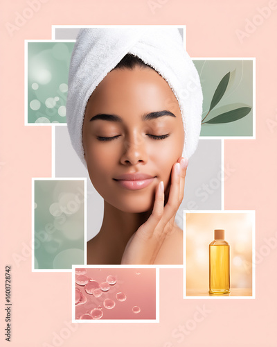 skincare routine collage with soft beauty tones