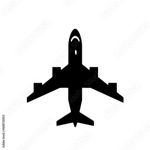 Overhead large airplane silhouette. Commercial air travel icon.