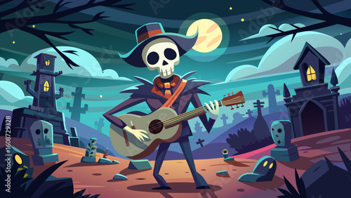 A skeleton playing guitar in a graveyard under a full moon with spooky buildings in the background