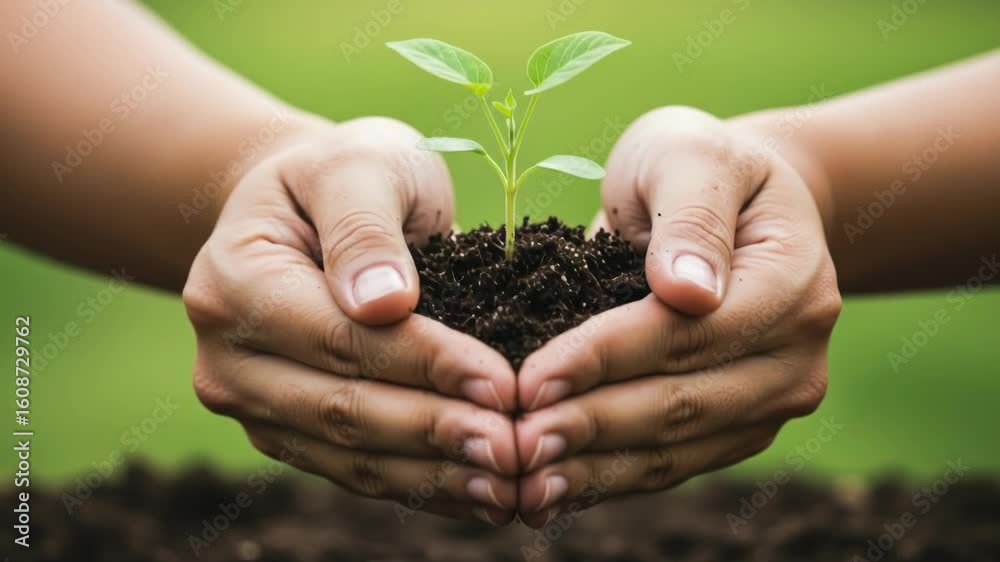 Hands holding a plant with soil on a green background Hands holding a plant with soil on a green background