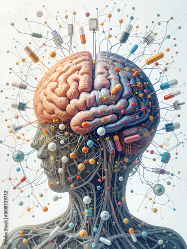Brain pills impact: medication affects cognitive function effectively. Biological Influence. Illustration