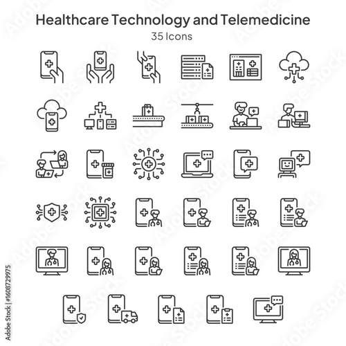 healthcare technology and telemedicine icons collection