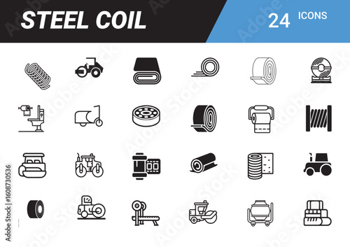 Steel Coil Icons: A comprehensive set of 24 meticulously crafted icons representing various aspects of steel coils, highlighting industrial applications and related equipment in a clean.