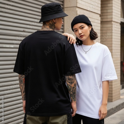 Stylish urban couple in black and white oversized t-shirt mockups for streetwear fashion.