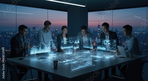 Diverse team collaborates on futuristic holographic data displays in a modern boardroom overlooking cityscape at dusk