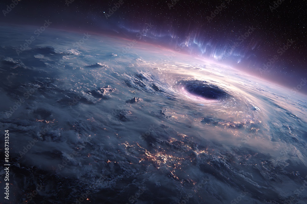 Naklejka premium Satellite Over Earth With Northern Lights Glowing Below And Distant Black Hole Vortex Forming Far In Space, Extreme But Plausible Sci-Fi Realism, Rich Cosmic Colors, Cinematic Space Environment --Ar