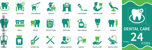Clean and modern dental icon set featuring teeth, implants, floss, braces, and dentist tools. Perfect for clinics, oral care apps, healthcare visuals, and medical presentations..