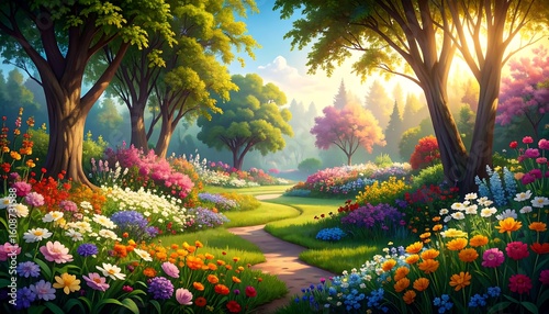 Fototapeta Naklejka Na Ścianę i Meble -  Sunlit path through vibrant flower garden