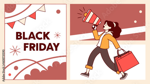 Excited woman with shopping bag and megaphone announces black friday deals with festive decorations and promotional graphics
