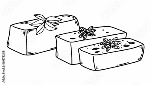 Hand drawn tofu illustration vector design block of bean curd with herbs and spices for asian cuisine art