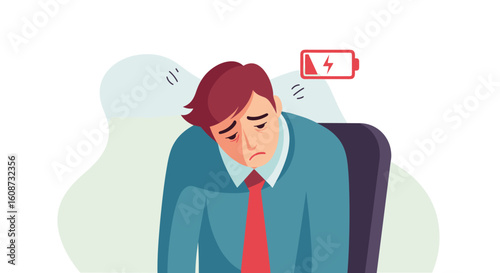 An exhausted businessman slumps over with a low battery icon above his head, symbolizing severe burnout and fatigue from work in a flat illustration.