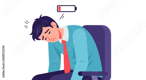 A tired businessman sits in his office chair, head down, shoulders slumped, showing exhaustion and low energy, depicted in a vector illustration.