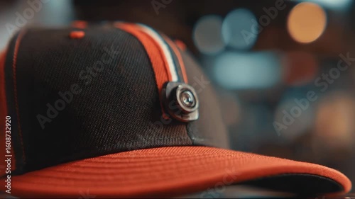 Stylish black and orange cap with camera mounted on brim  