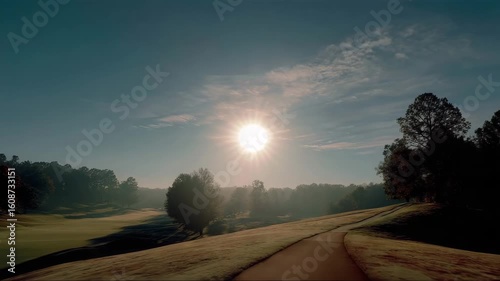 Scenic sunrise over golf course with clear sky and lush greenery  