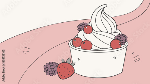 Delicious frozen yogurt dessert with fresh berries strawberry and blackberry illustration for food lovers