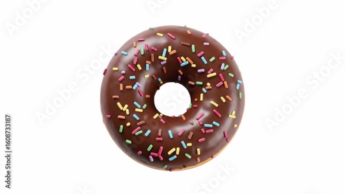 Rotating top view chocolate glazed donut with colorful sprinkles isolated on white background. 4k animation video.