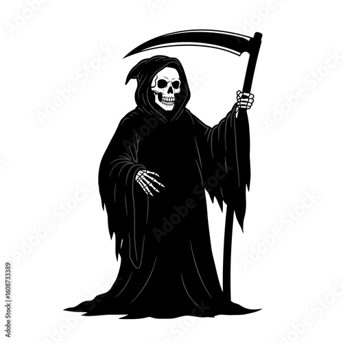 Grim reaper with scythe in black and white drawing silhouette