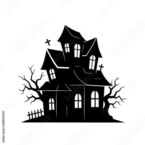 Silhouette of a spooky haunted house with fence trees