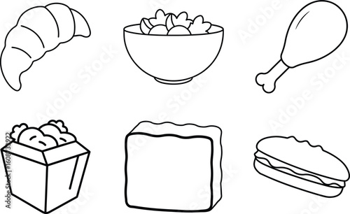 Breakfast Line Art Collection Featuring Croissant Toast and Rice Bowl.eps