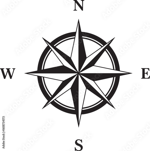 Black classic compass rose icon with cardinal directions N, E, S, W, symbolizing navigation, travel, exploration, and guidance in a traditional vector graphic