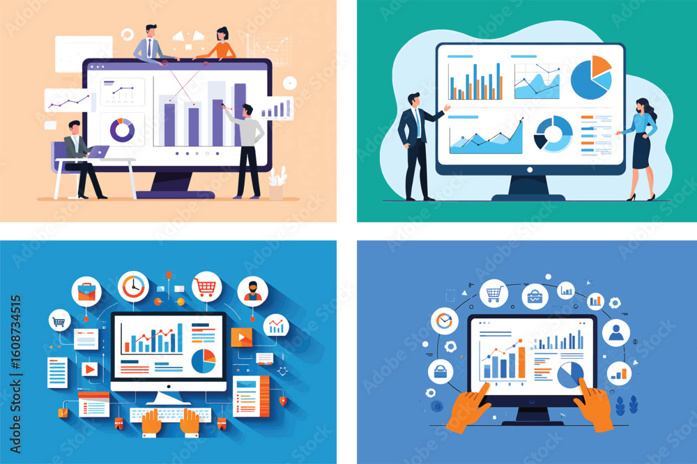 Set of vector illustrations for business data analysis and digital marketing concepts
