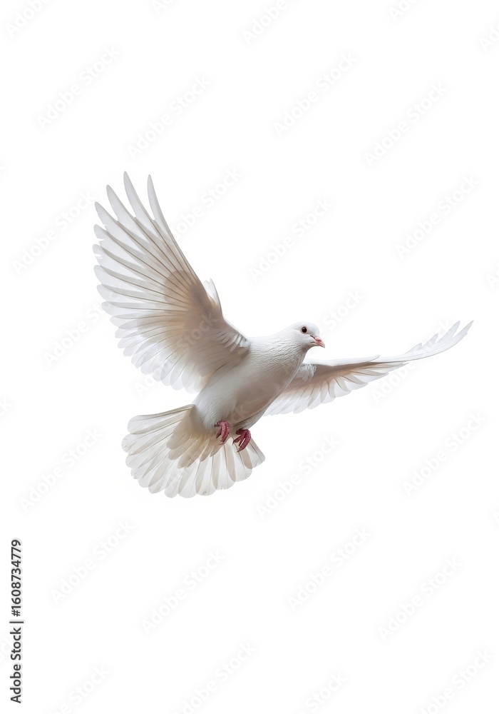 Obraz premium White Dove in Flight - A graceful white dove soars through the air, wings outstretched against a clean white background. Symbol of peace and hope