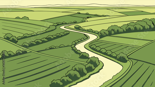Green landscape illustration of rolling hills with river and bushes scenic countryside vector design