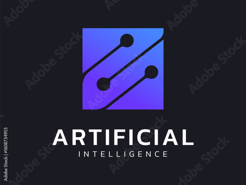 Artificial intelligence with overlapping circuit board lines in square technology Analysis logo vector design concept. AI technology logotype symbol for advance technology, ui, identity, automation.