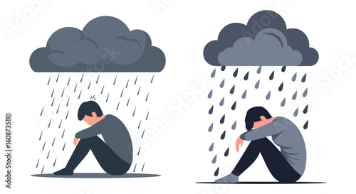 A digital illustration depicts two figures, each slumped over with heads bowed, under dark, rain-filled clouds, symbolizing feelings of sadness and depression.