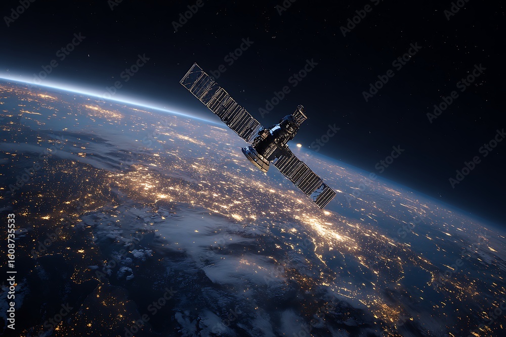 Obraz premium Satellite In Low Earth Orbit Capturing High-Resolution Data Streams, Earth Curvature Visible Below With Glowing City Lights At Night, Dramatic Lighting, Detailed Surface Textures --A