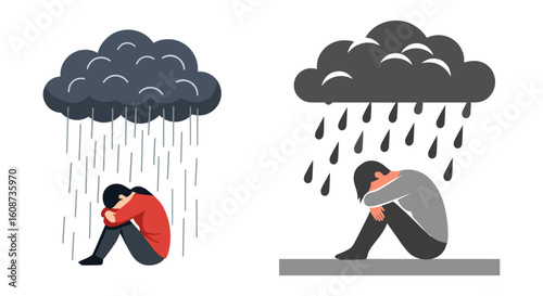 Illustrative depiction of two individuals experiencing sadness and depression, symbolized by dark clouds and rain, highlighting feelings of isolation and mental health challenges.