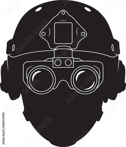 A tactical military helmet with night vision goggles silhouette, perfect for representing security, special forces, and combat operations in digital designs