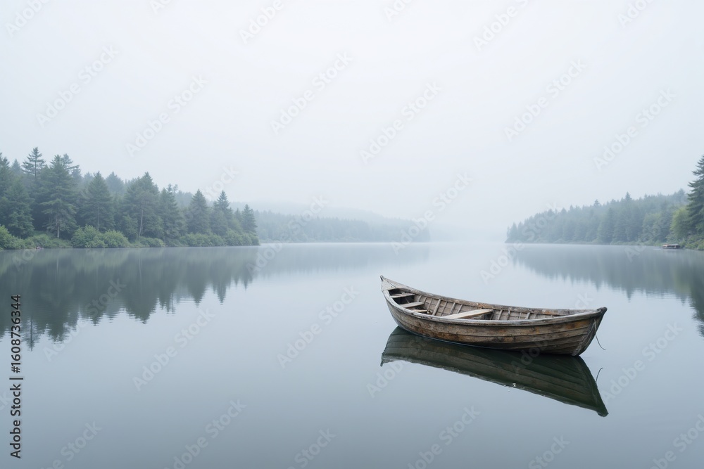 Landscape of a small Wooden Rowboat on a Calm Gray Lake in a Misty Autumn Forest Landscape of a small Wooden Rowboat on a Calm Gray Lake in a Misty Autumn Forest