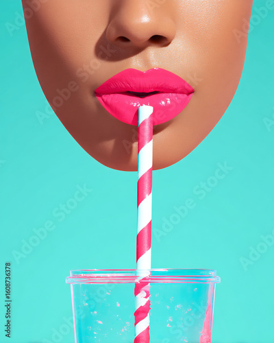 glossy lips drinking pink soda with straw