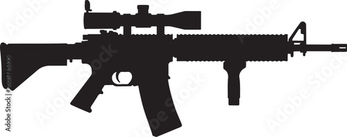 Automatic rifle with scope black silhouette, symbolizing military, assault, weapon, firearm, gun, security, target, and tactical equipment in vector format