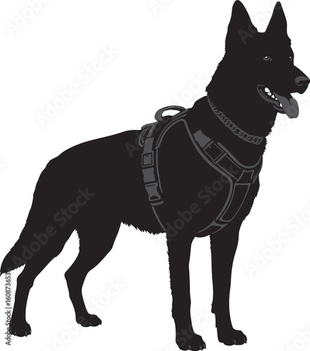 A powerful black and white silhouette of a German Shepherd dog wearing a harness, symbolizing loyalty, protection, service, working dogs, and K9 units