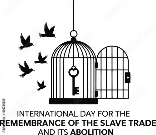 Black silhouette of birds flying from an open birdcage with a key