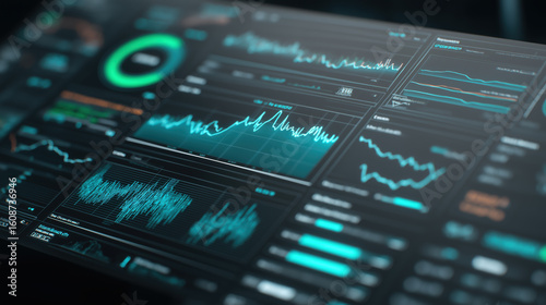 Futuristic Dashboard Interface with Cyan Line Graphs and Circular Gauge