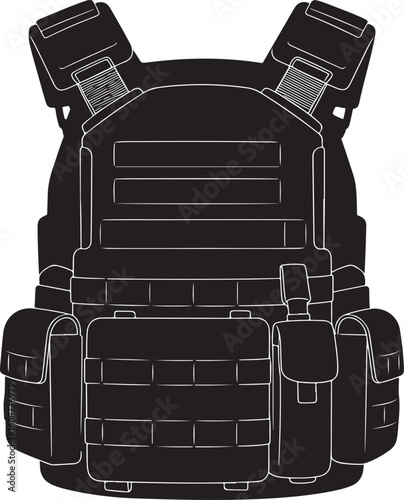 A robust tactical bulletproof vest silhouette, designed for military and law enforcement, featuring intricate details and pouches, ideal for security and protective gear concepts