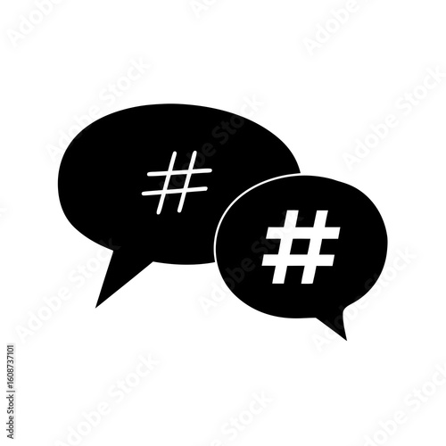 Black speech bubbles with white hashtags communication