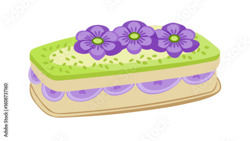 Delicious cake dessert with purple flowers vector illustration for bakery and confectionery designs and more