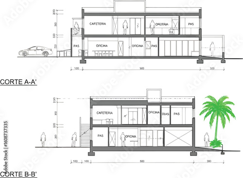Architectural cross section drawings of a modern multi story residential building with landscaping and a car