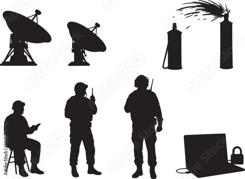 A versatile collection of technology and communication silhouettes, featuring satellite dishes, military personnel with radios, and cybersecurity elements, perfect for modern design projects