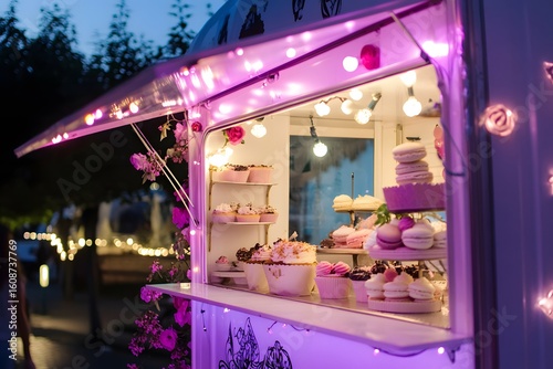 Dessert truck with cupcakes and macarons, fairy lights twinkling, twilight sky creating a romantic, dreamy atmosphere.
