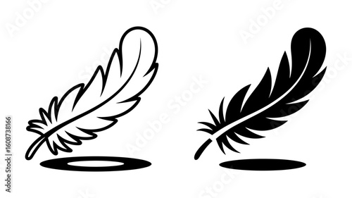 Two stylized feathers, black and white, dipping into inkwells; minimalist vector illustration, elegant design.