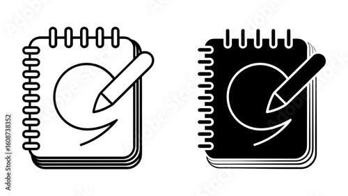 Spiral Notebook Sketch Icon: Line Art and Solid Black Versions, Simple Design, Creative Mood